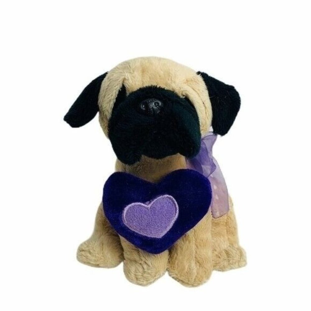 E&J Classic Puggle Dog Plush Stuffed Animal Puppy Beige Puglet Purple Heart Bow